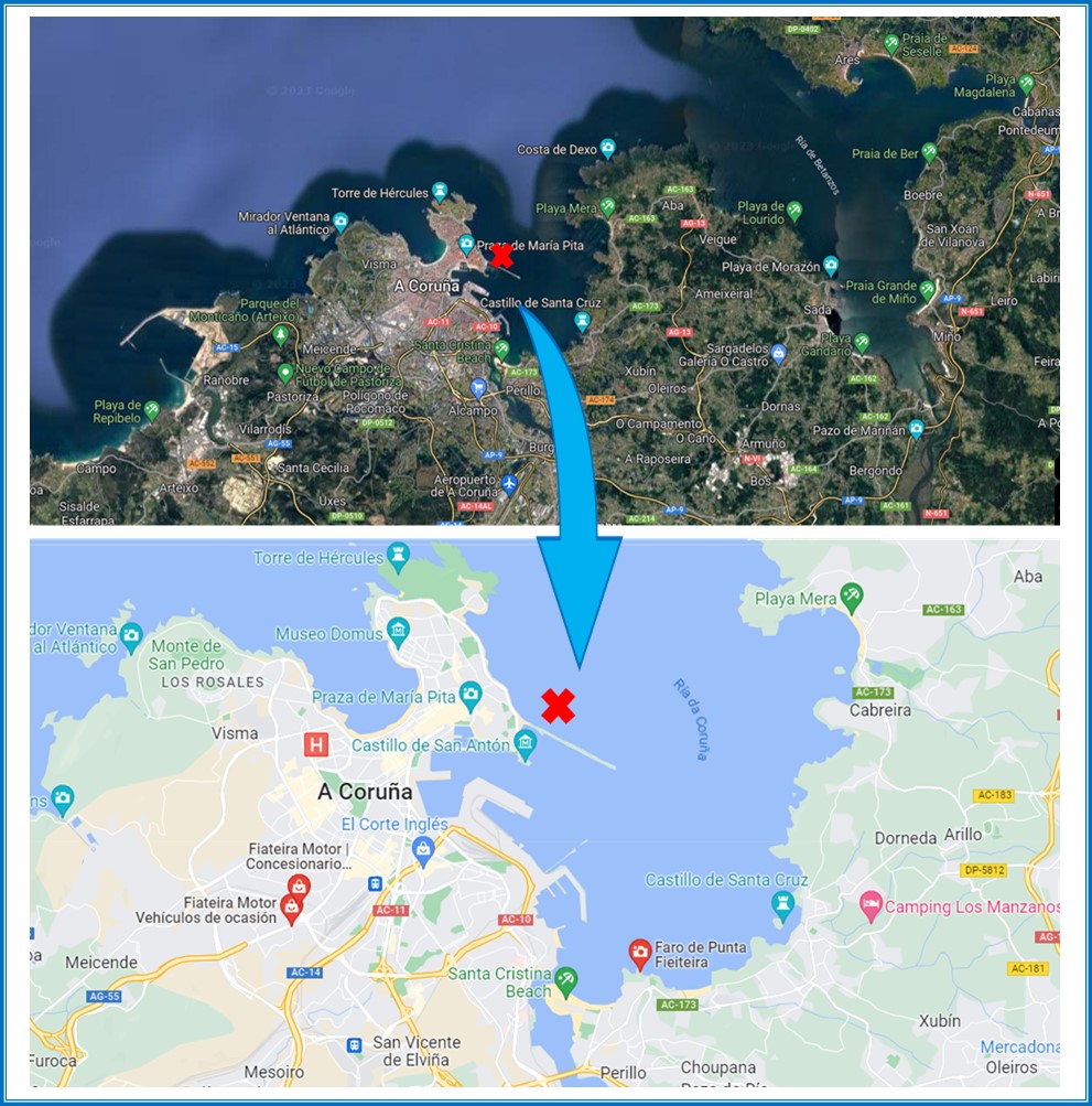 Localización exacta sobre imaxe de satélite e plano da Pena das Ánimas na cidade de A Coruña